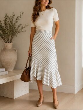 Joie Yenene Skirt Size 8 Striped Asymmetrical Ruffle Midi Cotton Coastal Preppy